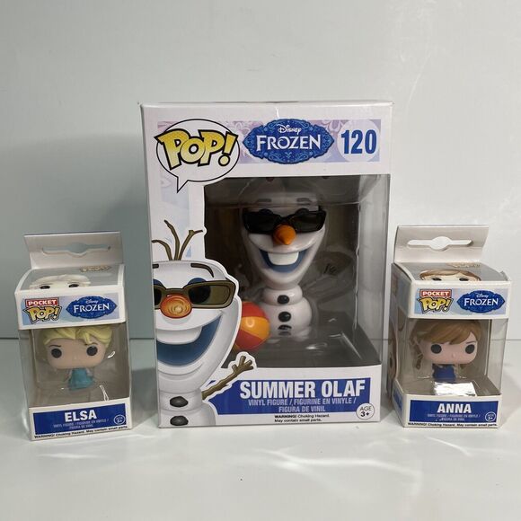 Disney Frozen Funko Pop Lot of 3 Summer Olaf 120 Pocket Elsa Pocket Anna - Picture 1 of 12